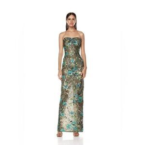 NWOT BRONX AND BANCO Dahlia Teal Multi Maxi Strapless Floral Gown